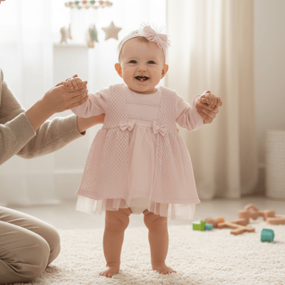 Kız Bebek Uzun Kollu Aksesuarlı Dantelli Tüllü Elbise
